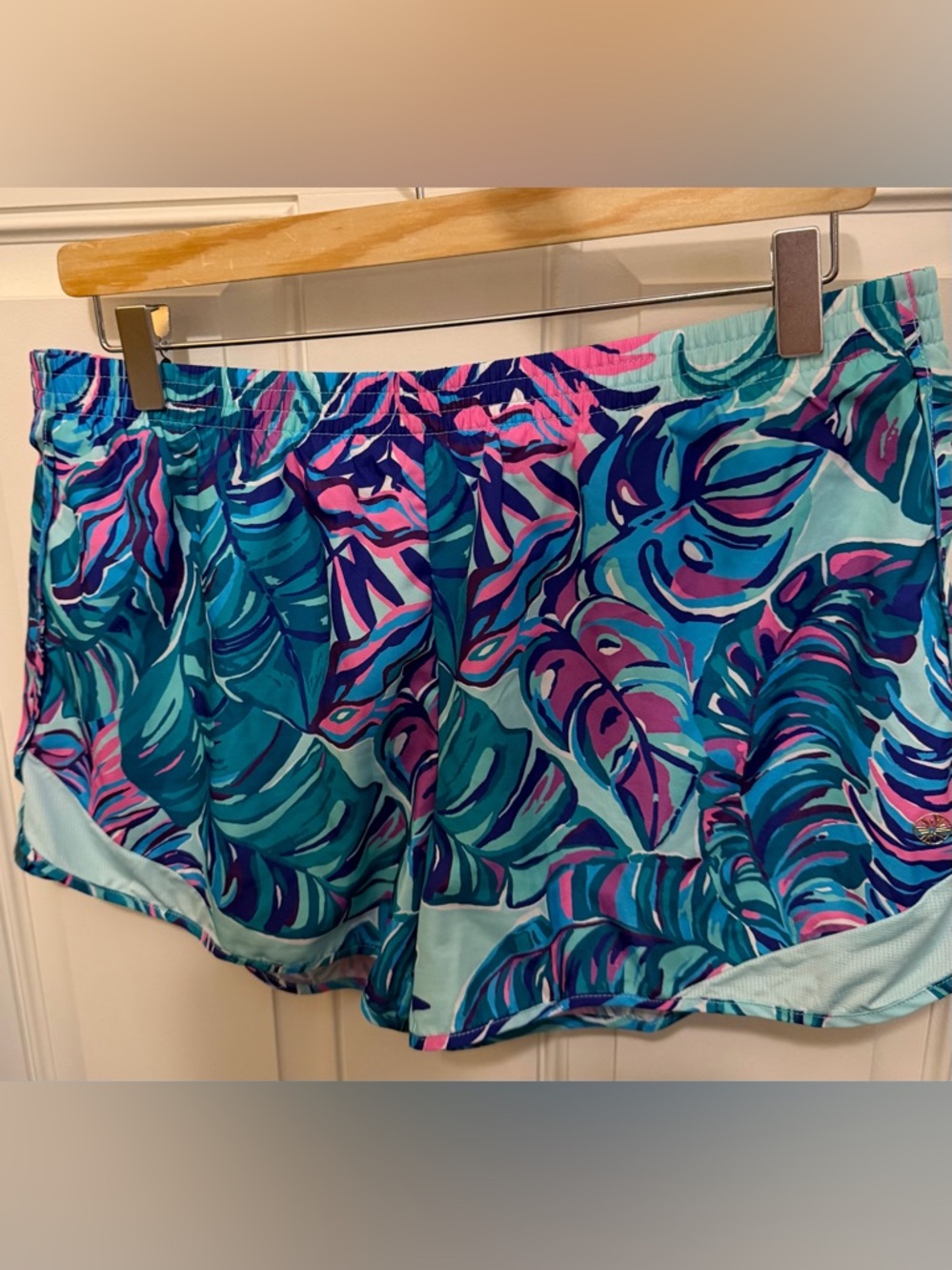 Lilly Pulitzer Tropical Leaf Print Athletic Shorts in Turquoise & Purple - Picture 2 of 5